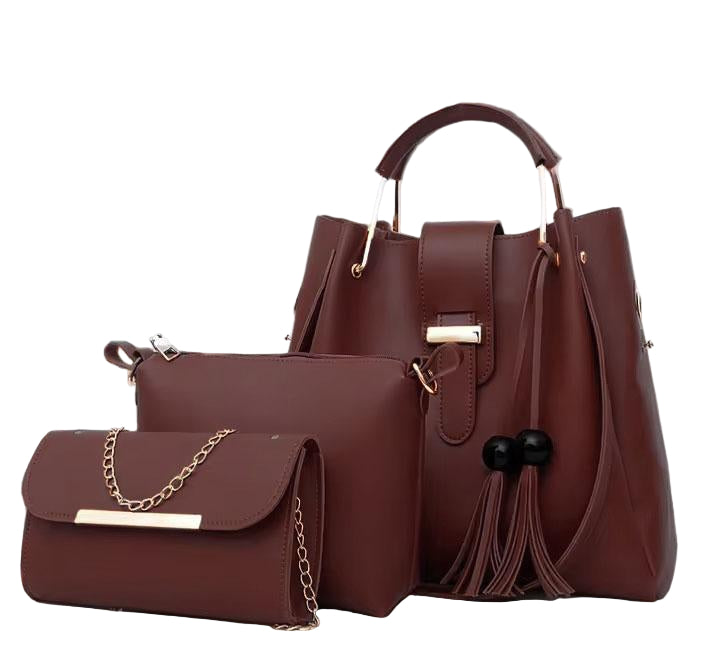 Women's PU Leather Plain Hand Bag Set